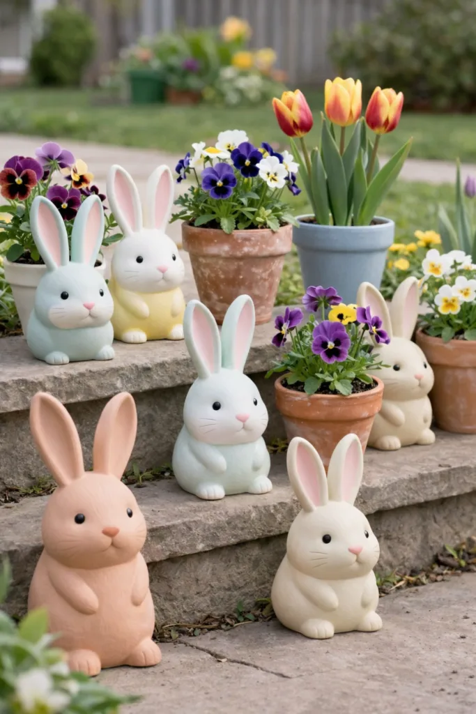 Bunte Osterhasen als Gartendeko, Osterdeko im Frühling mit Blumen, Töpfen und Tulpen