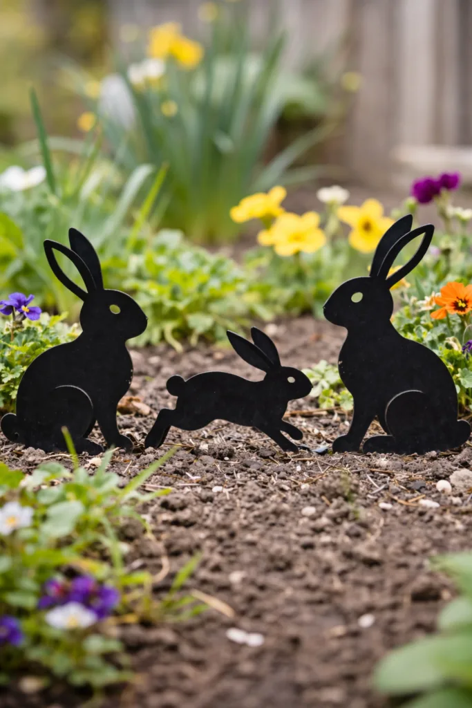 Schwarze Osterhasen aus Metall als Gartendeko, moderne Osterdeko im Beet zwischen Frühlingsblumen
