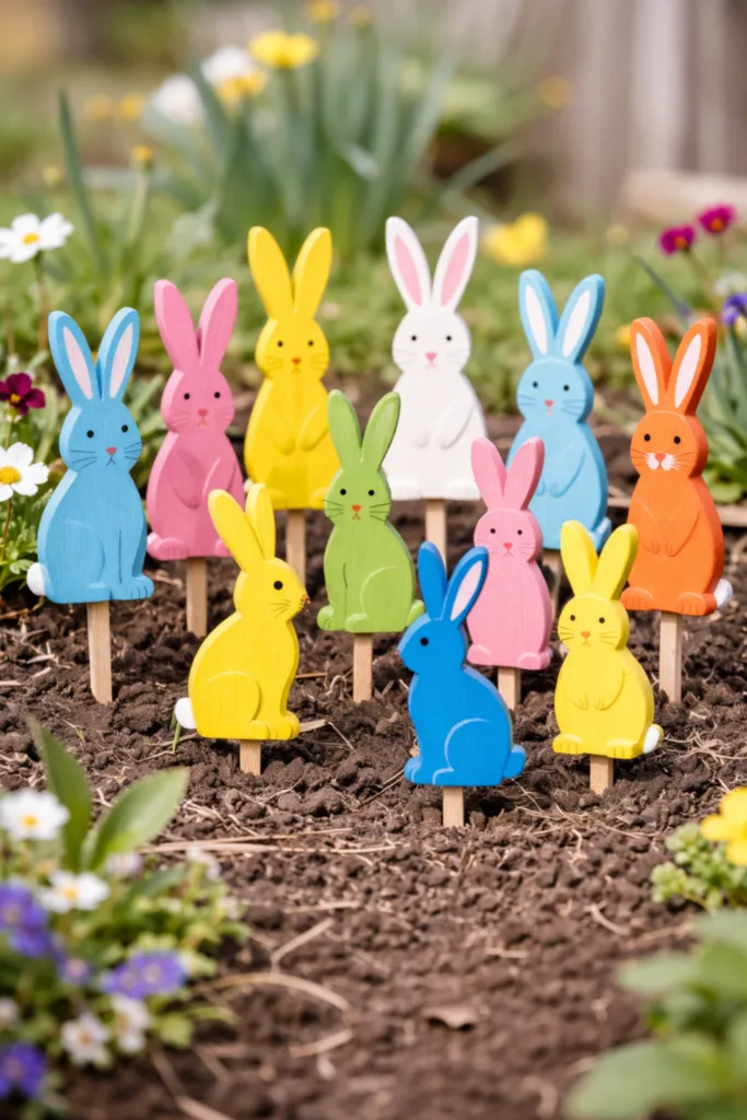 Bunte Holz-Osterhasen als Gartendeko, Osterdeko im Beet zwischen Frühlingsblumen und Erde