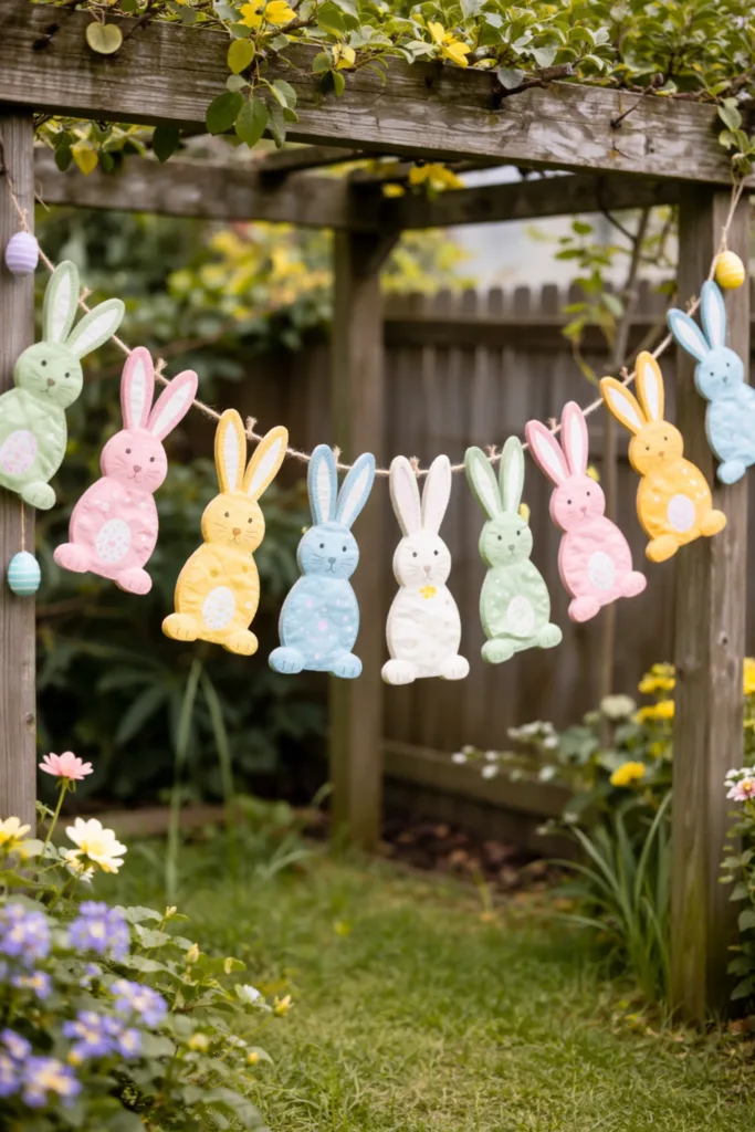 Bunte Osterhasen-Girlande als Gartendeko, Osterdeko im Frühling unter Pergola im Garten