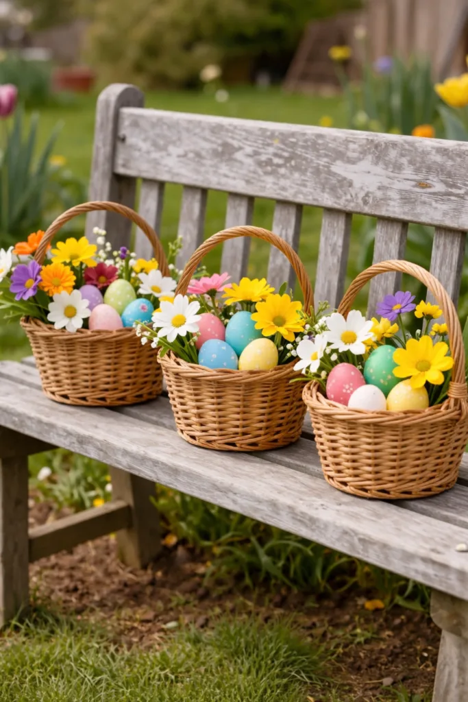 7 wunderschöne Ideen für Osterdeko in deinem Schrebergarten Drei Osterkörbchen mit bunten Eiern und Frühlingsblumen auf einer Gartenbank im Schrebergarten