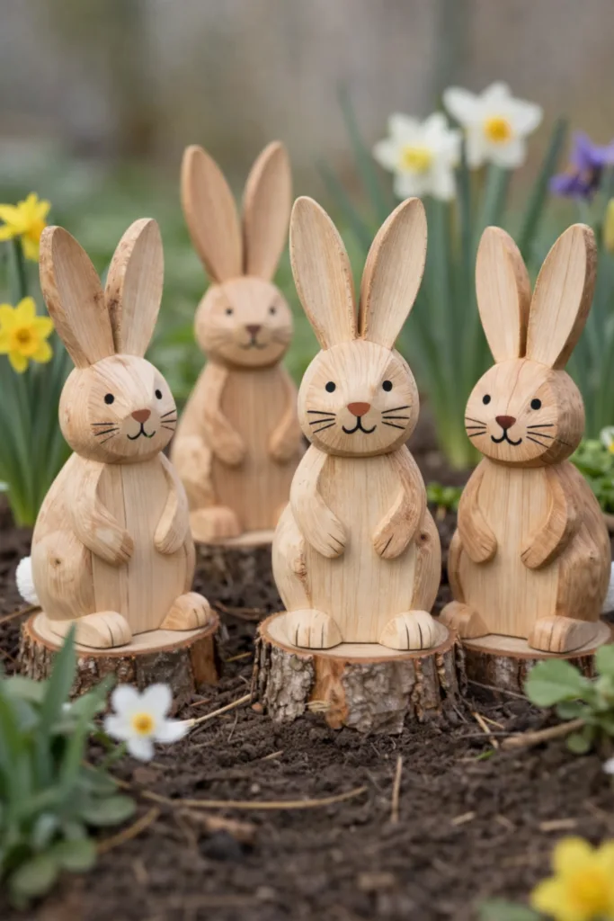 7 wunderschöne Ideen für Osterdeko in deinem Schrebergarten Vier Holzhasen stehen zwischen Frühlingsblumen im Schrebergarten als Osterdekoration
