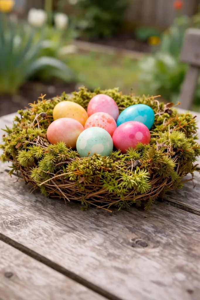 7 wunderschöne Ideen für Osterdeko in deinem Schrebergarten Buntes Moosnest mit Ostereiern als Osterdeko im Schrebergarten