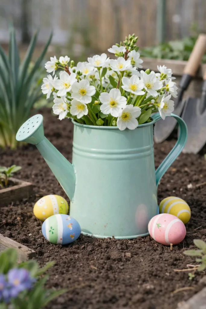 7 wunderschöne Ideen für Osterdeko in deinem Schrebergarten Mintgrüne Gießkanne mit weißen Blumen und bunten Ostereiern im Schrebergarten
