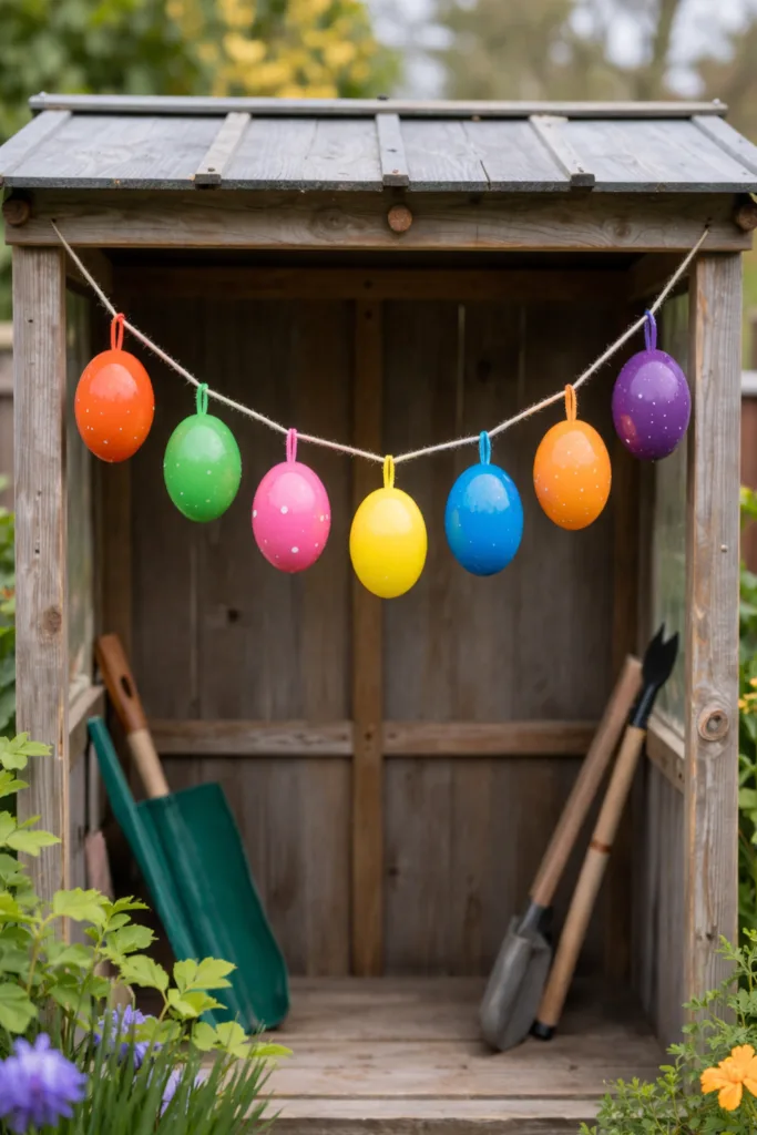 7 wunderschöne Ideen für Osterdeko in deinem Schrebergarten Bunte Ostereier-Girlande schmückt ein Gartenhäuschen im Schrebergarten zu Ostern