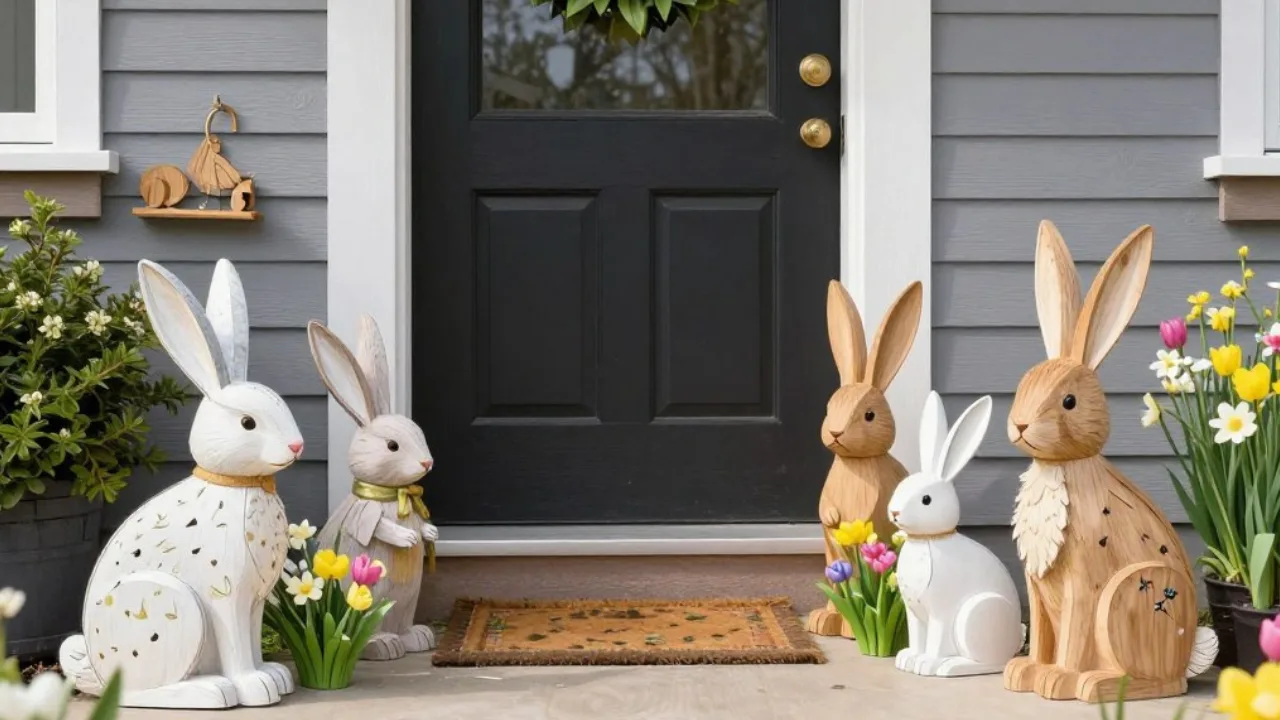 Deko im März für den Hauseingang mit Osterhasen Figuren und Frühblühern vor der Haustür