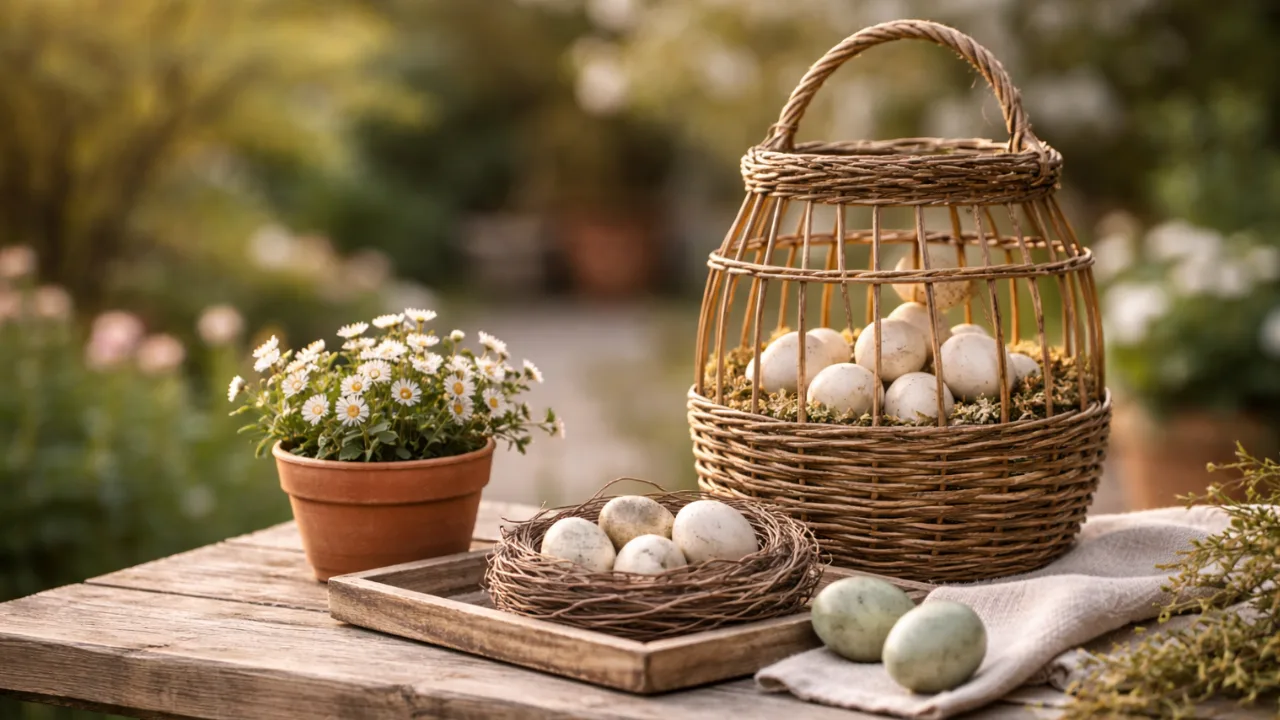 Minimalistisch dekorieren: Vase mit Weidenkätzchen und Ostereiern im Garten im Querformat