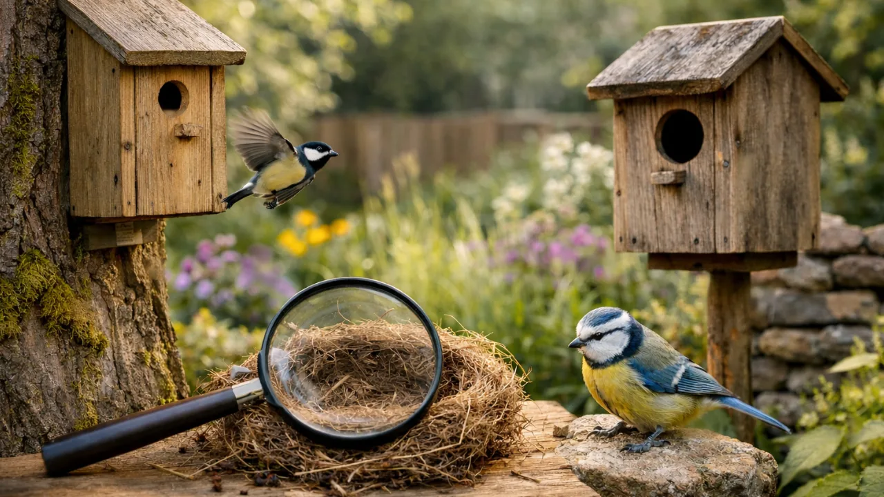 Nistkasten-Checkup: Warum deine Kästen (vielleicht) leer bleiben Nistkästen im Garten, Meisen und leeres Nest mit Lupe auf Holztisch im Sonnenlicht