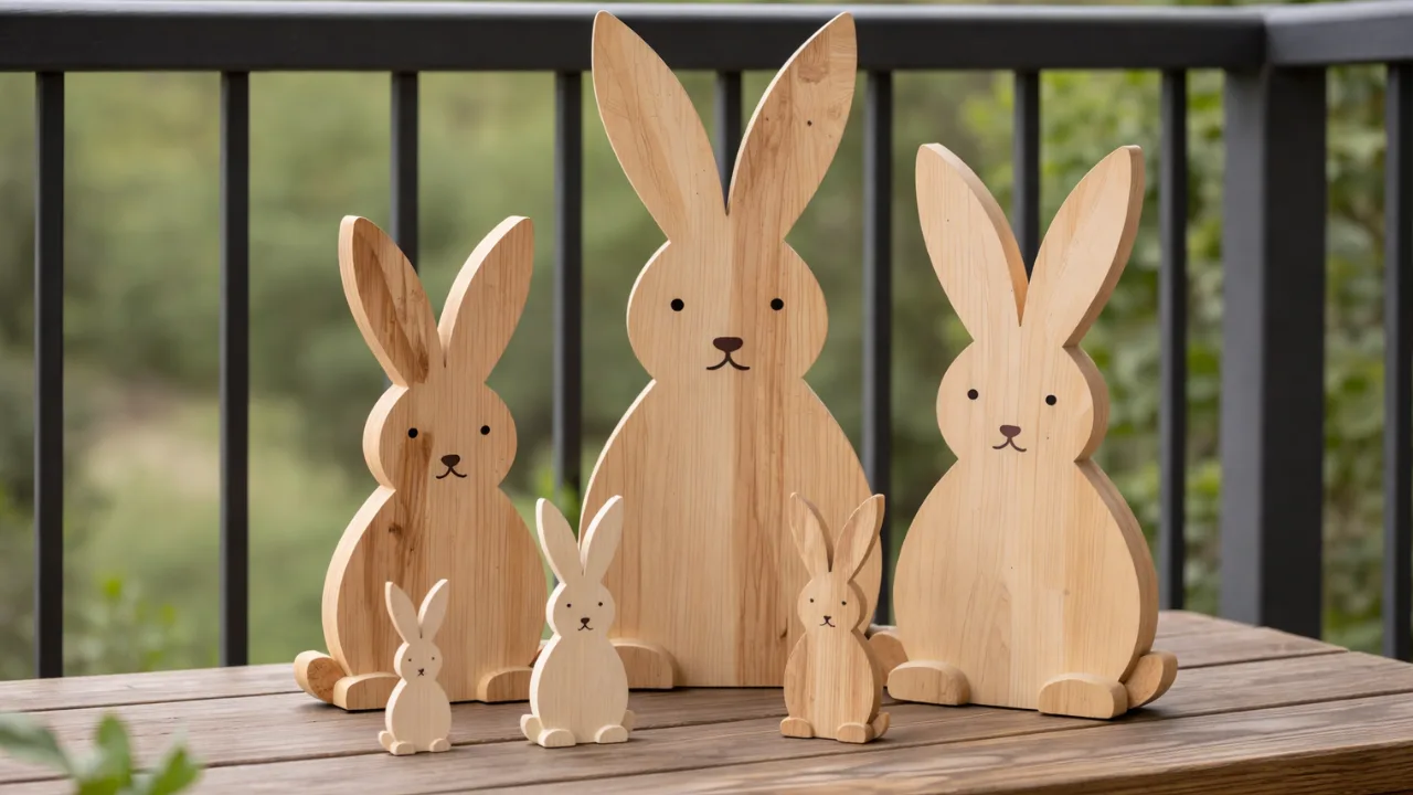 Holzhasen in verschiedenen Größen als Osterdeko für den Balkon