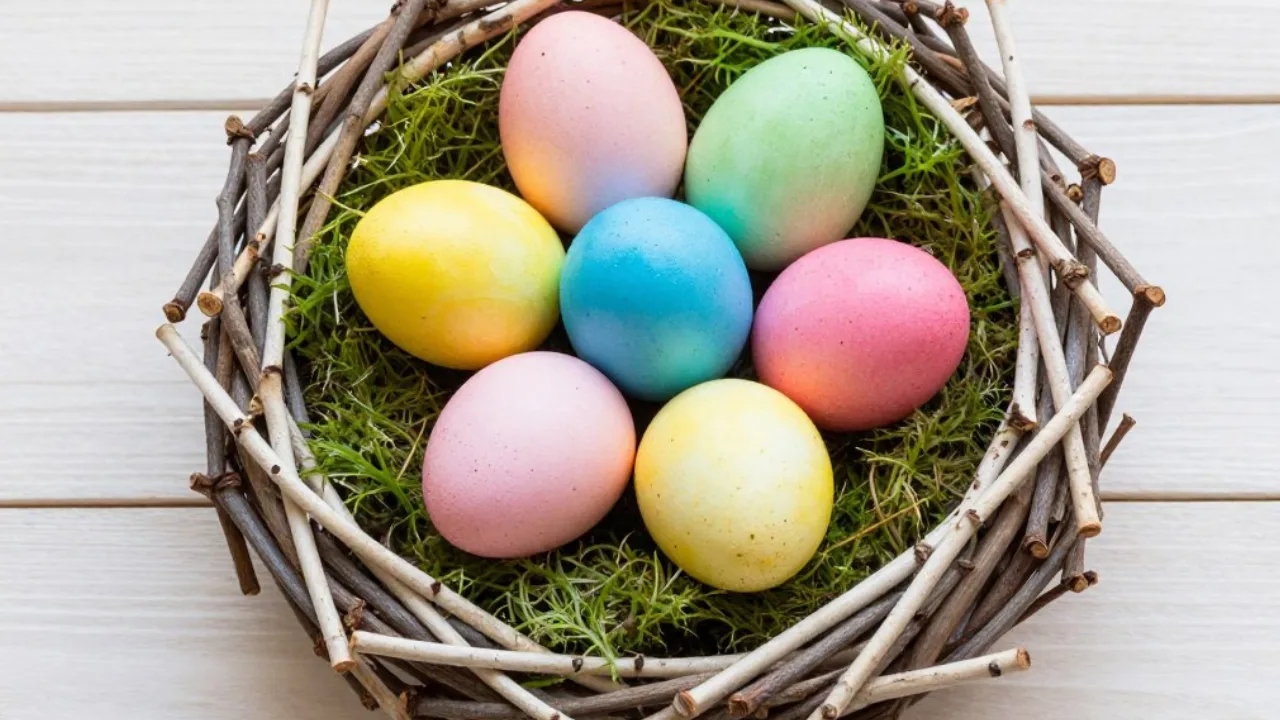 Bunt gefärbte Ostereier in einem Nest aus Zweigen und Moos auf hellem Holztisch