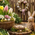 Osterdeko im Außenbereich mit Blumen, Holzhasen, Moos und bunten Eiern im Garten