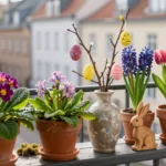 Osterdeko für den Balkon mit Primeln, Tulpen, Hyazinthen und Holzhasen in Terrakotta-Töpfen im Frühling