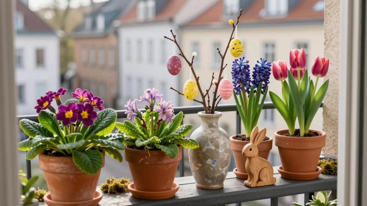 Osterdeko für den Balkon mit Primeln, Tulpen, Hyazinthen und Holzhasen in Terrakotta-Töpfen im Frühling