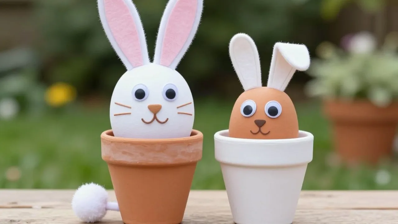 Niedliche Osterhasen aus Tontöpfen mit Filzohren und Wackelaugen als kreative Dekoidee für den Garten.