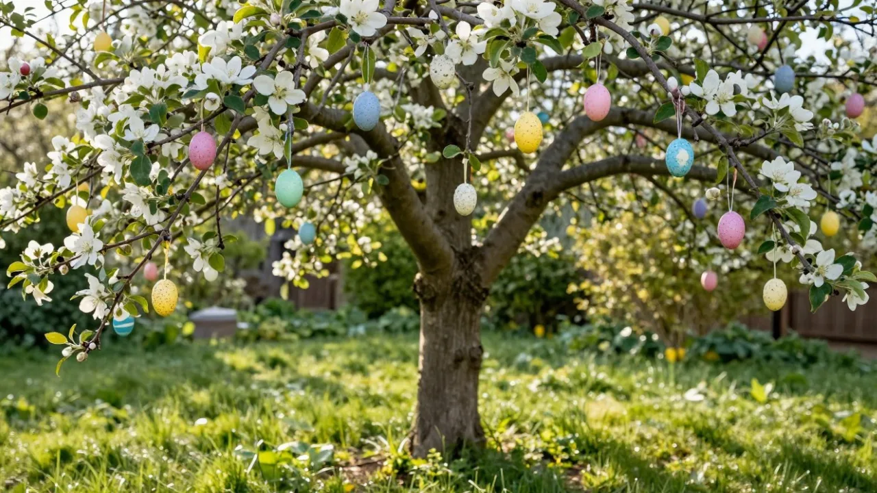 Osterdeko im Garten: blühender Baum mit bunten Ostereiern im Frühlingsgarten