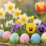 Bunte Ostereier zwischen Narzissen und Stiefmütterchen in einem Blumenkasten – fröhliche Osterdeko im Garten.