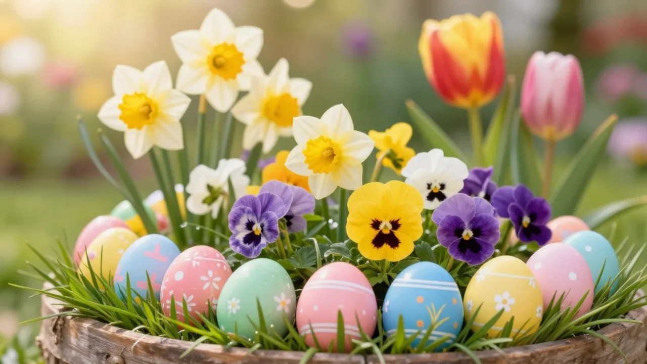 Bunte Ostereier zwischen Narzissen und Stiefmütterchen in einem Blumenkasten – fröhliche Osterdeko im Garten.