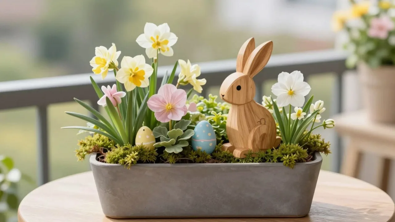 Harmonisch dekorierter Blumentopf mit Osterdekoration auf Balkon