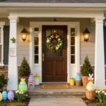 Osterdeko draußen Idee mit großen Hasenfiguren, Ostereiern und Kranz am Hauseingang