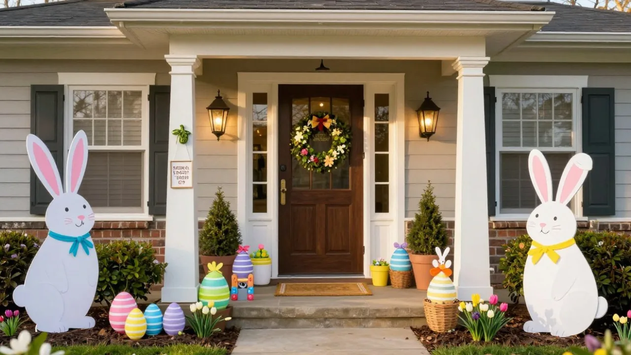 Osterdeko draußen Idee mit großen Hasenfiguren, Ostereiern und Kranz am Hauseingang