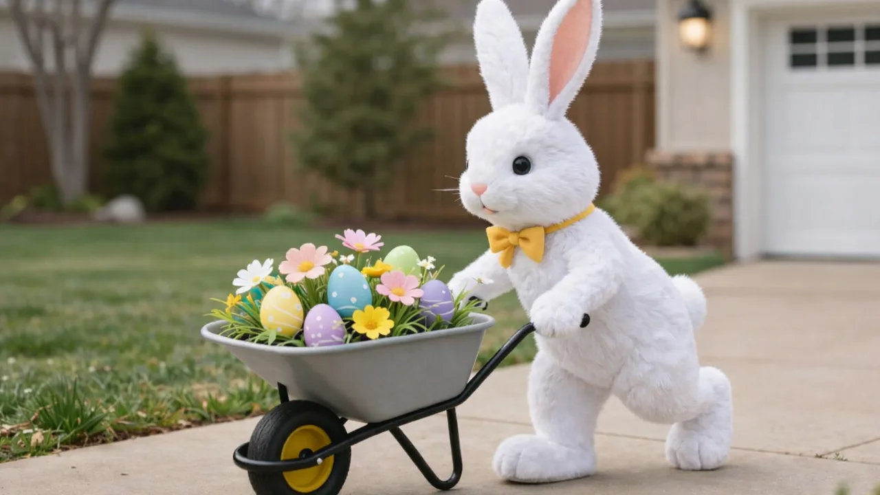 Osterdeko für die Einfahrt: 9 Ideen, die einfach Freude machen Osterhase im Garten schiebt Schubkarre mit bunten Ostereiern und Frühlingsblumen