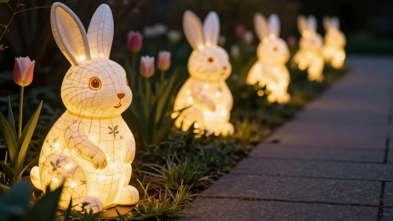 Leuchtende Osterhasen Figuren mit warmem Licht entlang eines Gartenwegs bei Abenddämmerung, umgeben von Tulpen und Frühlingspflanzen in natürlicher Gartenatmosphäre