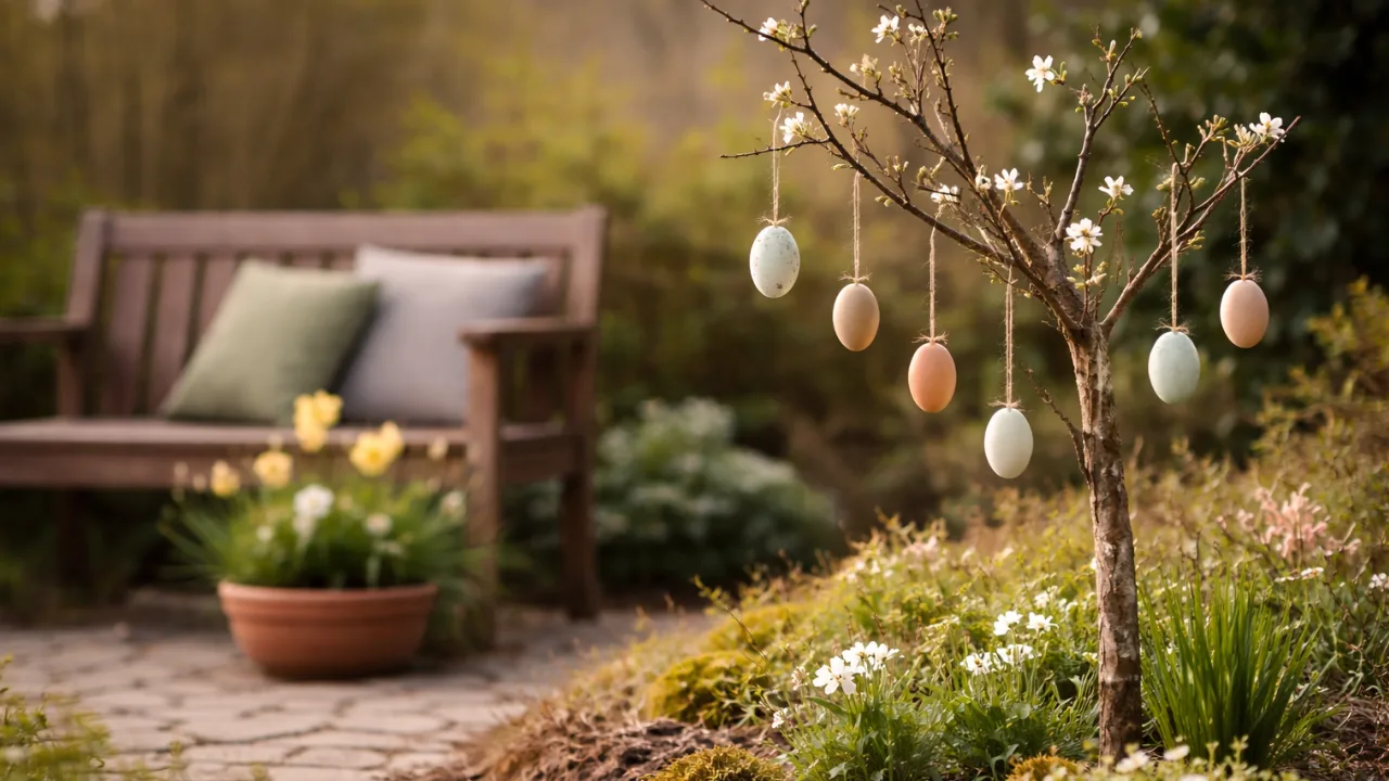 Schnell umgesetzte Oster-Idee im Garten mit dekoriertem Baum und Ostereiern am Weg zur Sitzbank