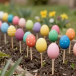 Bunte Ostereier auf Holzstäbchen im Beet zwischen gelben Narzissen – fröhliche Osterdeko im Gartenbeet