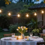Osterdeko für den Gartentisch mit Tulpen, Kerzenlicht und Lichterkette im Abendgarten