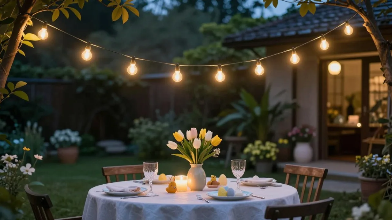 Osterdeko für den Gartentisch mit Tulpen, Kerzenlicht und Lichterkette im Abendgarten