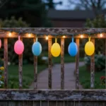 Osterdeko für das Gartentor mit Lichterkette und bunten Ostereiern am Holztor im Frühling