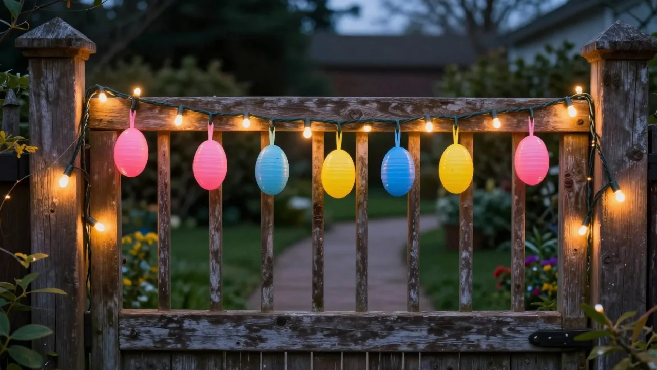 Osterdeko für das Gartentor mit Lichterkette und bunten Ostereiern am Holztor im Frühling