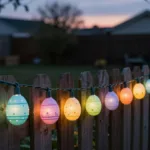 Bunte Ostereier-Lichterkette am Gartenzaun, die den Abend warm erleuchtet und fröhliche Osterstimmung schafft.
