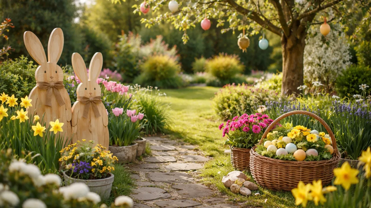 Osterdeko im großen Garten mit Holzhasen, bunten Eiern und Frühlingsblumen