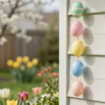 Osterdeko im kleinen Garten mit hängenden Pastelleiern an Hauswand und Frühblühern im Hintergrund