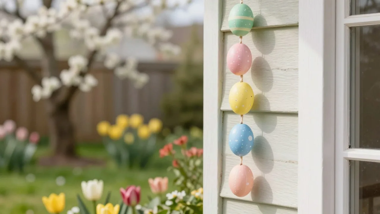 Osterdeko im kleinen Garten: So nutzt du jeden Quadratmeter Osterdeko im kleinen Garten mit hängenden Pastelleiern an Hauswand und Frühblühern im Hintergrund