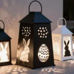 Osterdeko im modernen Garten mit dekorativen Laternen, Hasenmotiven und warmem Licht