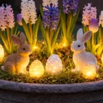 Leuchtende Ostereier im Pflanzkübel mit Hyazinthen, Tulpen und Hasenfiguren bei stimmungsvoller Abendbeleuchtung.