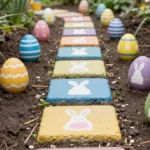 Osterdeko für schmale Gärten mit buntem Osterweg und dekorierten Ostereiern entlang eines schmalen Beets