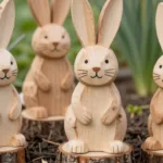 Vier Holzhasen als Osterdeko im Schrebergarten zwischen Narzissen und Frühlingsblumen aufgestellt.
