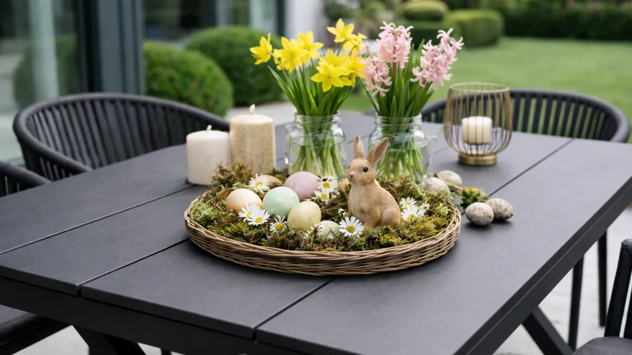 Osterdeko auf modernem Terrassentisch mit Blumen, Moos, Eiern und Hasenfigur