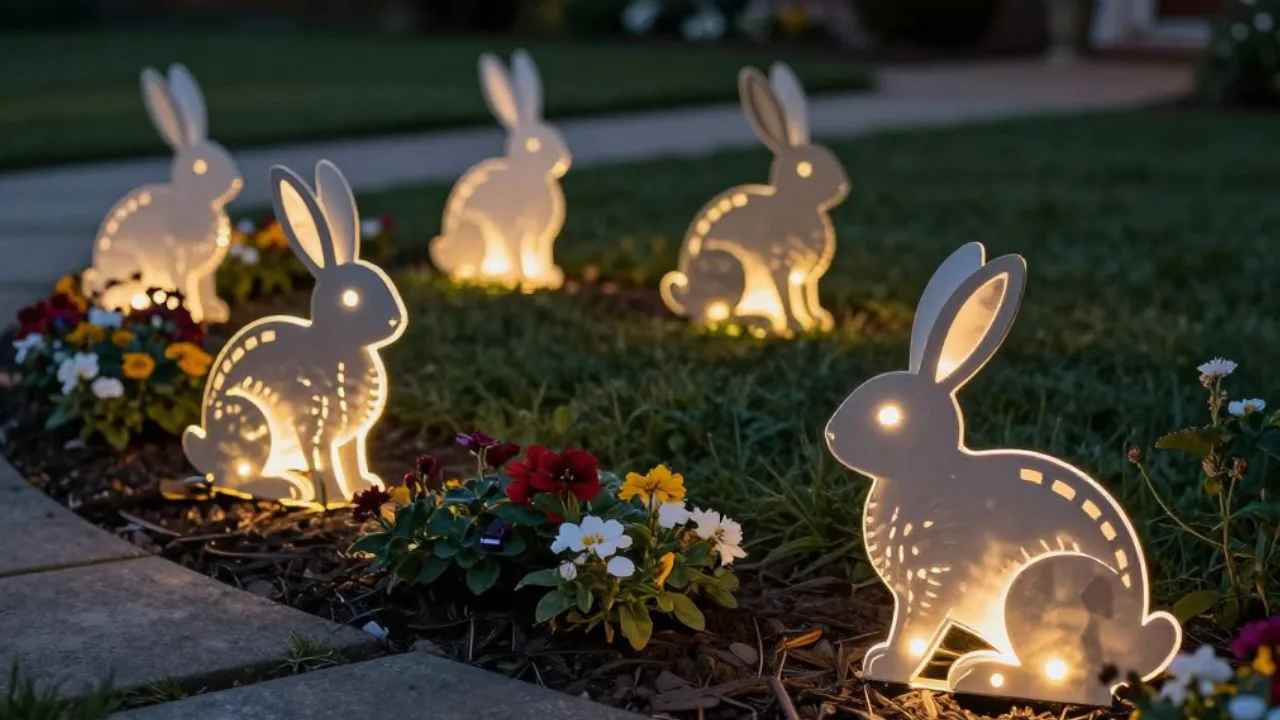 Leuchtende Hasen als Osterdeko im Vorgarten zwischen bunten Blumen am Abend.
