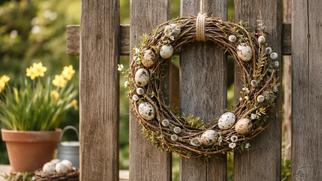 Osterdeko im Garten: 6 günstige Ideen, die hochwertig statt billig wirken Günstige Osterdeko Ideen für deinen Garten mit Naturkranz am Holzzaun im Frühling