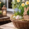 Osterdeko im Reihenhausgarten mit Korb, Frühblühern, Holzhase und natürlichen Materialien im Tageslicht