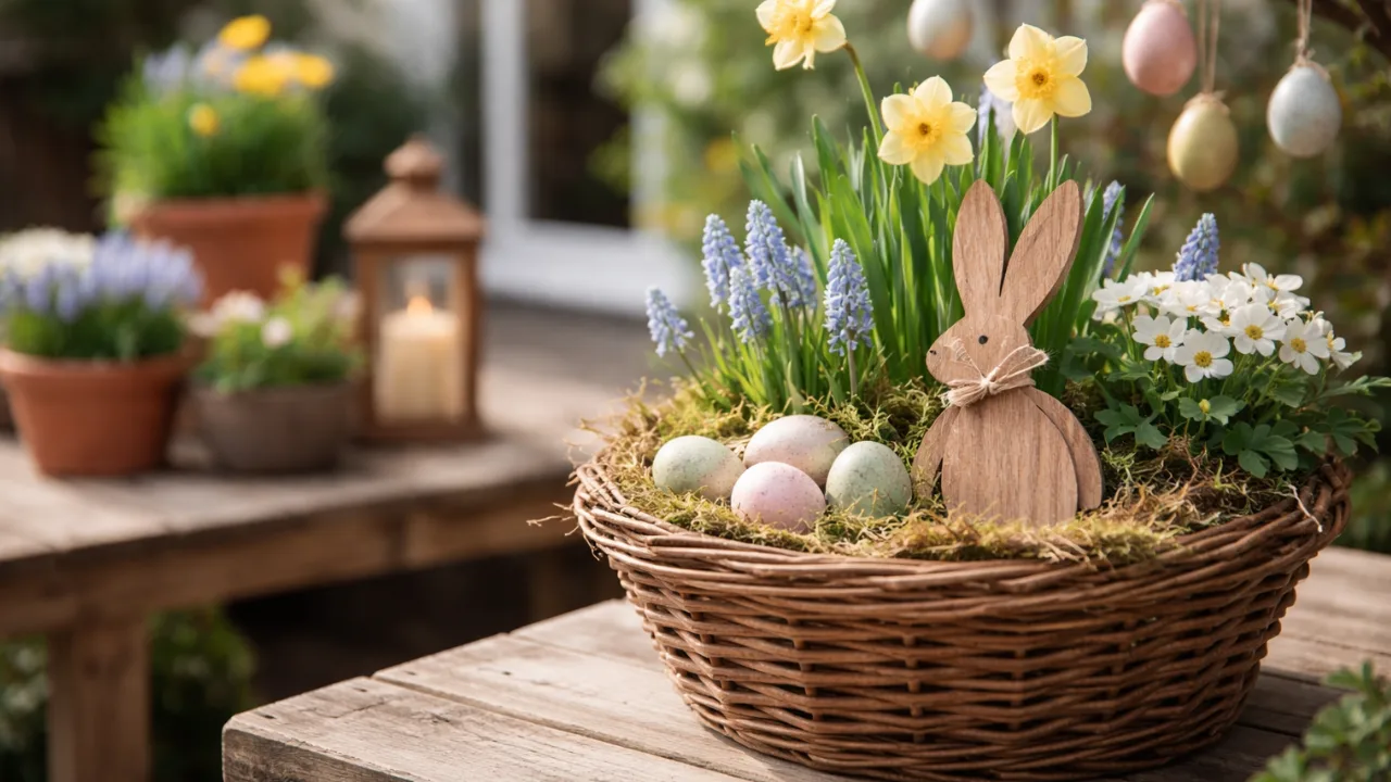 Osterdeko im Reihenhausgarten mit Korb, Frühblühern, Holzhase und natürlichen Materialien im Tageslicht