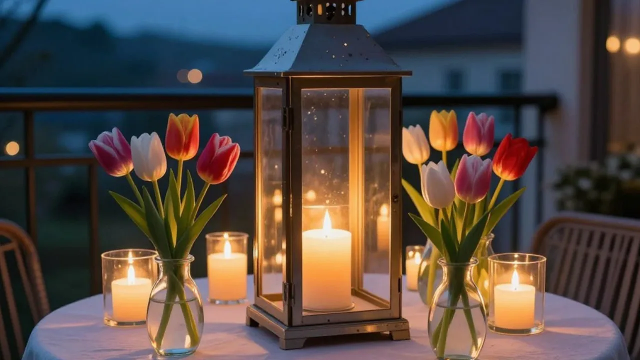 5 Tulpendeko Ideen, die deinen Balkon sichtbar aufwerten Tulpen in Glasvasen mit Laterne und Kerzen als stimmungsvolle Tulpendeko für den Balkon bei Abendlicht
