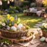 Günstige Osterdeko im Garten mit Korb, Ostereiern, Moos und Frühblühern auf Holztisch im Frühlingsgarten