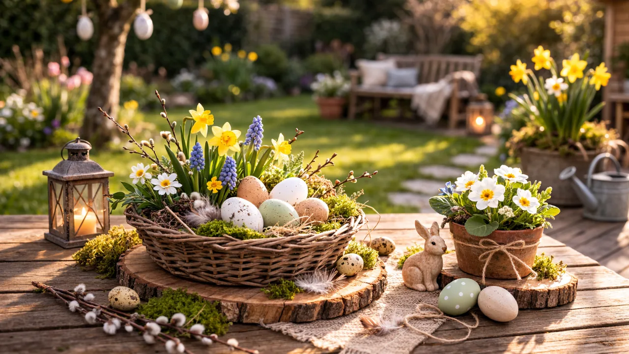 Günstige Osterdeko im Garten mit Korb, Ostereiern, Moos und Frühblühern auf Holztisch im Frühlingsgarten