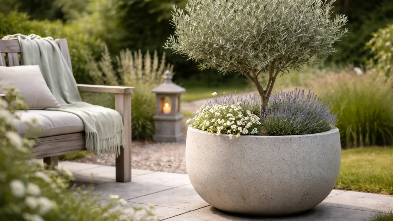 Gartendeko aus Beton: 5 einfache Ideen mit großer Wirkung Großer Betonpflanzkübel mit Olivenbaum als Gartendeko aus Beton auf moderner Gartenterrasse