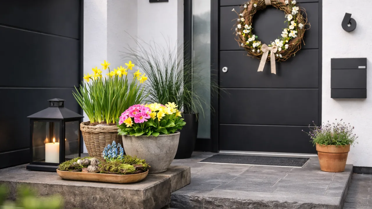 Modern dekorierter Hauseingang im März mit Frühblühern, Frühlingskranz und Laterne vor Haustür
